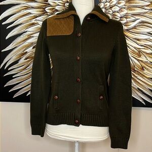 Lauren Ralph Lauren Military Green Cardigan Sweater with Faux Leather Pa…